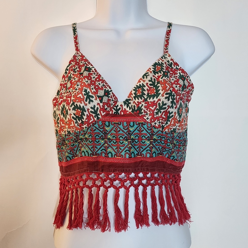 Cotton Print Cropped Cami Top With Fringe Free People Small